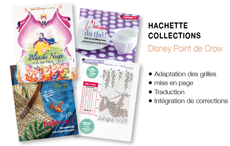 Images tirées des fascicules Disney &quot;Point de Croix&quot; chez Hachette Collections avec un descriptif : adaptation des grilles, mis en page, traduction, intégration de corrections.