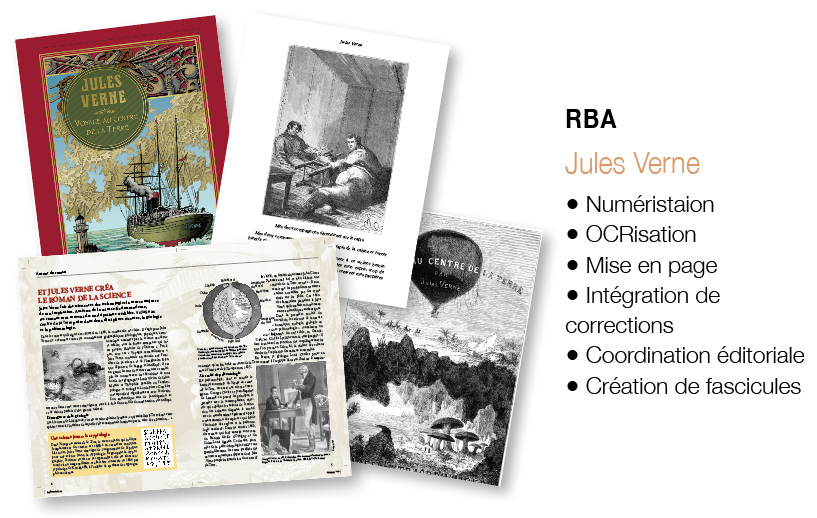 Images tirées des fascicules et romans de Jules Verne chez les éditions RBA avec descriptifs : numérisation, OCRisation, mise en page, intégration de corrections, coordination éditoriale, création de fascicules.